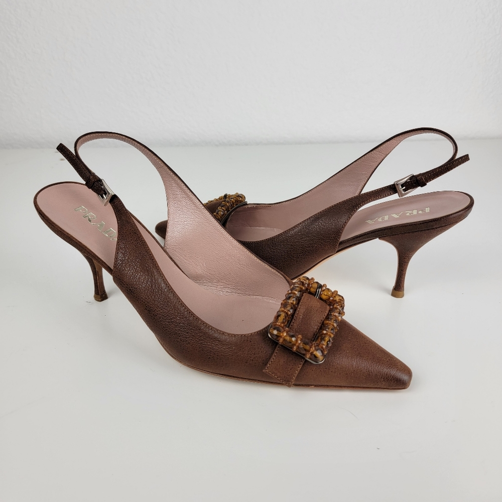 Prada Suede Beaded Accents Slingback Pumps Pointed Toe Vintage 37.5